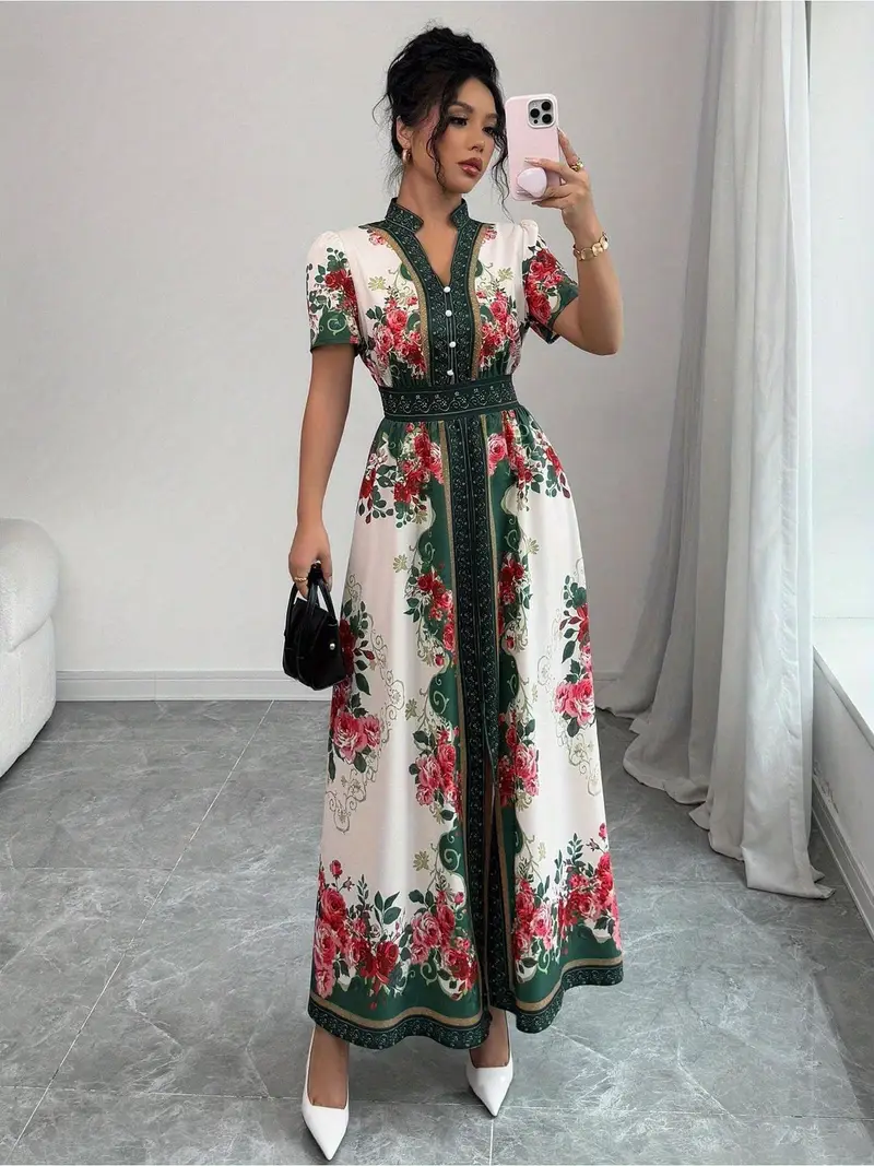 womens floral a line dress flared hem party formal dress with elegant floral print in blue red white machine washable for weddings garden parties everyday outfits non stretch fabric wedding guest attire short sleeve design Product details 5