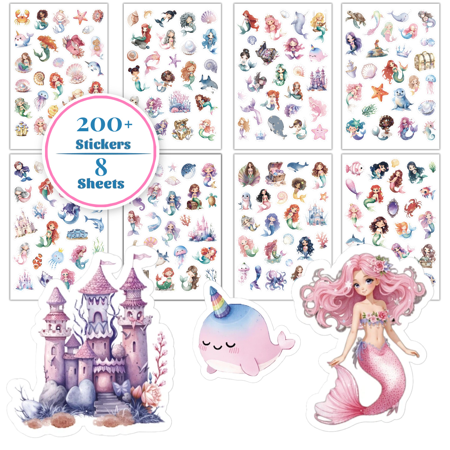 Image of 200+ Mermaid Cute Ocean Watercolor Stickers | 8 Sheets, Paper Material, Ideal For Office Rewards And Holiday Party Favors
