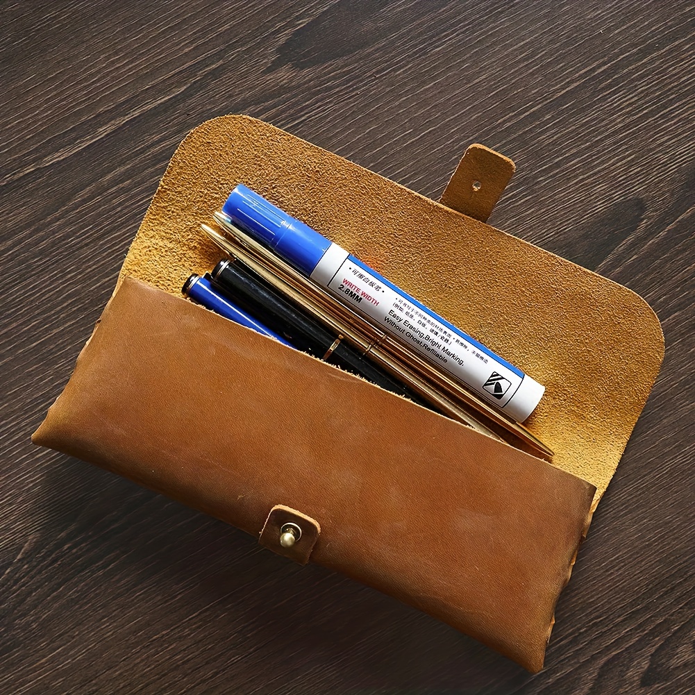 Custom-Made Large Capacity Pencil Case Made of Crazy Horse Leather And Top Layer Cowhide, Featuring a Vintage Design. This Japanese-Style Minimalist And Korean Trendy Leather Storage Box Is Multifunctional
