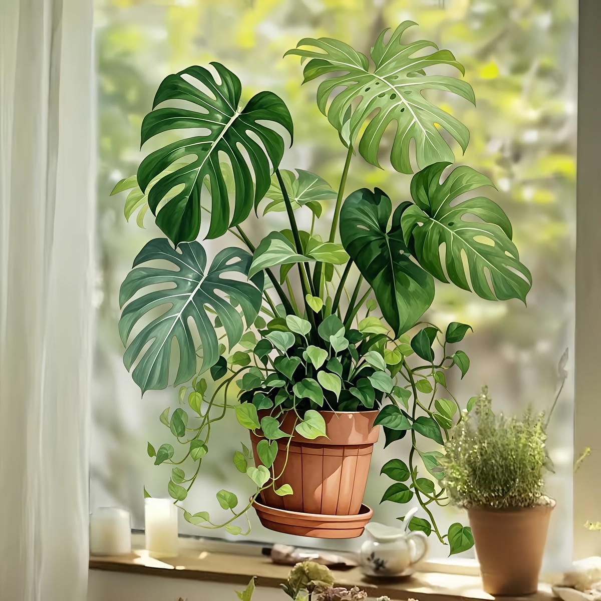 TEMU Monstera Potted Vine Window Cling, Pet Static Cling Glass Film, No Residue, No Adhesive Residue, Self-adhesive And Removable, Reusable,