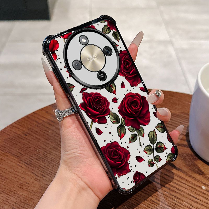TEMU Coque de téléphone : Étui transparent à motif floral de roses rouges vintage, antichoc, couverture complète noire, compatible avec Honor Magic8