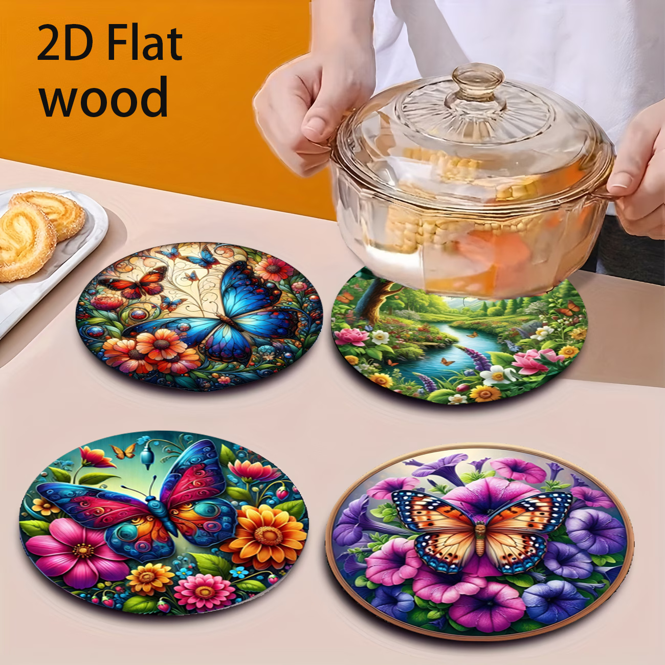 TEMU Set da 4 tovagliette in legno con vivaci motivi e a - Durevoli, resistenti al calore, facili da pulire, design stampato in 2D - per cucina, sala