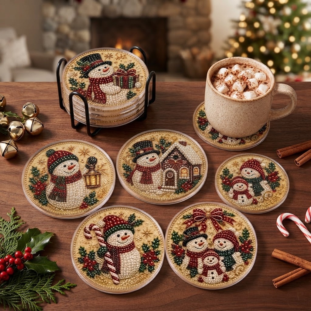 TEMU 5pcs Pearl Diamond Painting Coaster Set With Iron Stand, 2d Flat Santa Claus Theme, Suitable For Beginners, Christmas Tree Decoration, Window