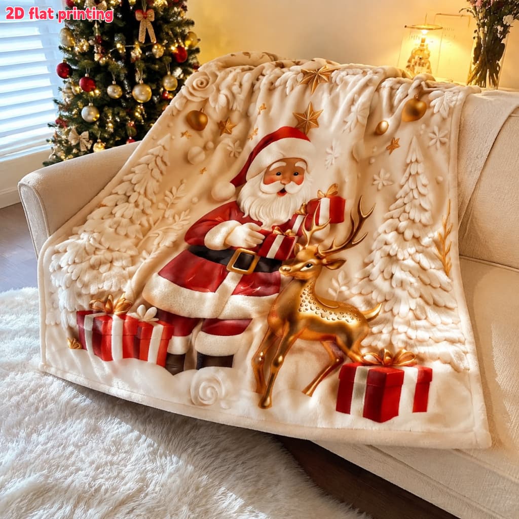 TEMU 2d Flat 1pc Christmas Santa Claus With Reindeer Print Plush Blanket - Festive Holiday Design, Cozy And Warm, Ideal For Sofa, Couch, Bed, Decor,