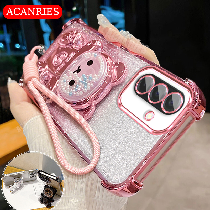 TEMU Phone Case - Acanries Cute Bead Bear Folding Bracket Minimalist Solid Color Lanyard Gradient Glitter Plating Phone Case For Galaxy M56 5g/ A57