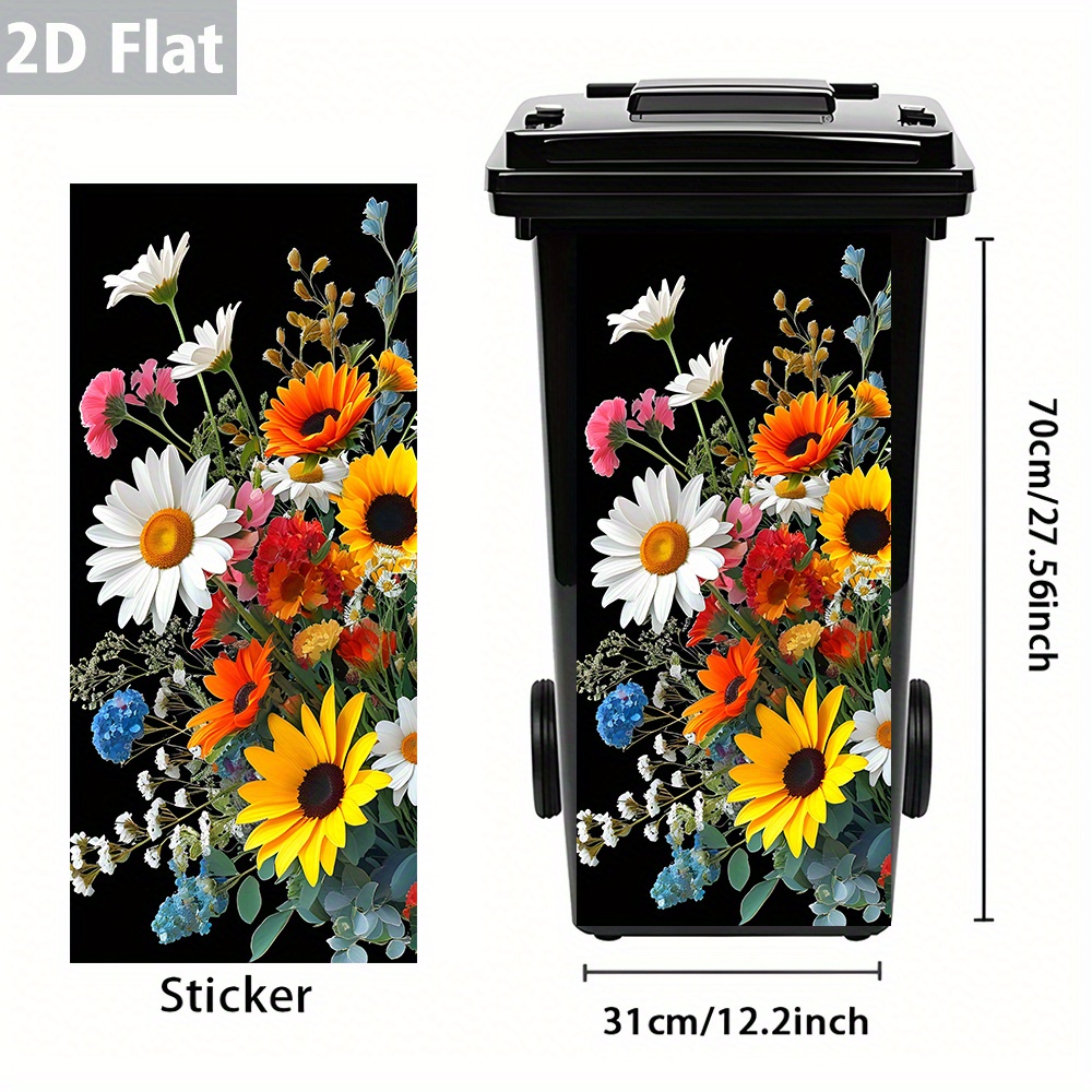 Image of 1pc Of A Vibrant, Flat, Colorful Flower Bouquet Sticker For A Trash Can – Waterproof, Easy To Peel, With Details And A Vibe, Perfect For A Bin Makeover, – Dimensions 12.2 X 27.56 Inches
