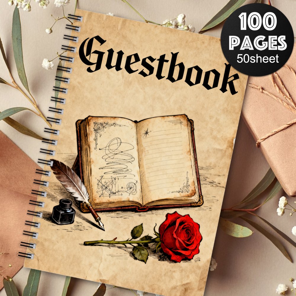 TEMU 1pc An Aesthetic Guestbook Spiral Notebook Designed For Guest Attendance, Featuring A Vintage Doodle Style, A Feather Pen, And An , With A Red