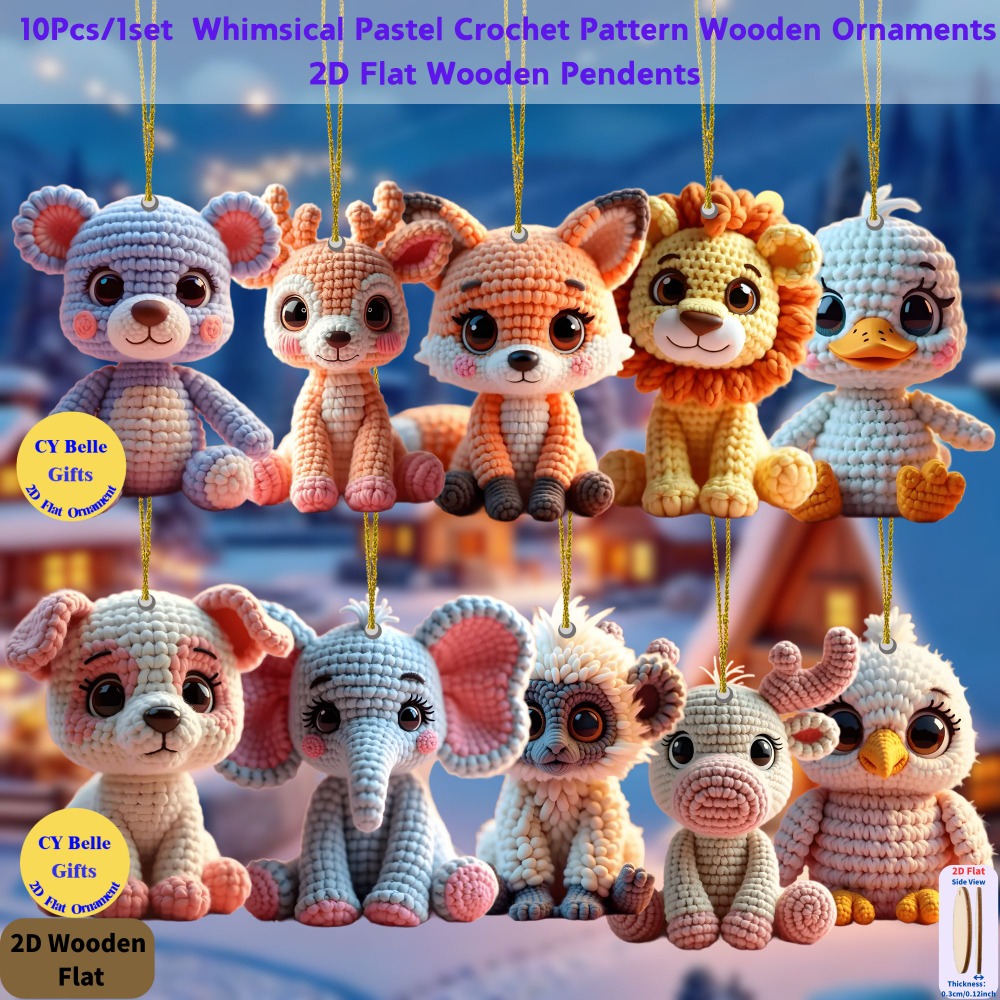 TEMU 2D Plat - [2D Plat] 10pcs/ 1Set Ornements en bois fantaisie pastel motif animal crochet - Chien, Chat, , Canard - Pendentifs pour sapin de Noël,