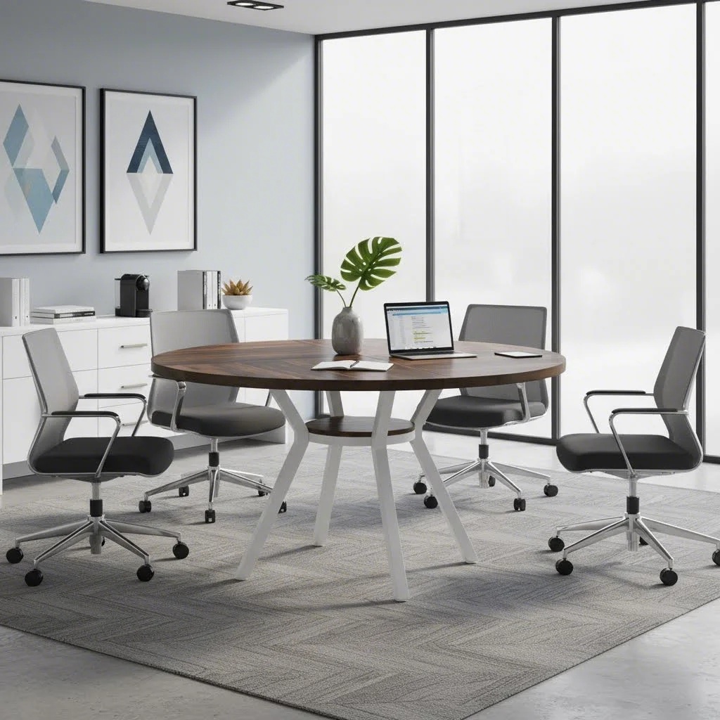 Modern White Table Measuring 47 Inches, Suitable For Meetings And Small Conferences, Featuring A Pedestal Base (table Only, 1pc)