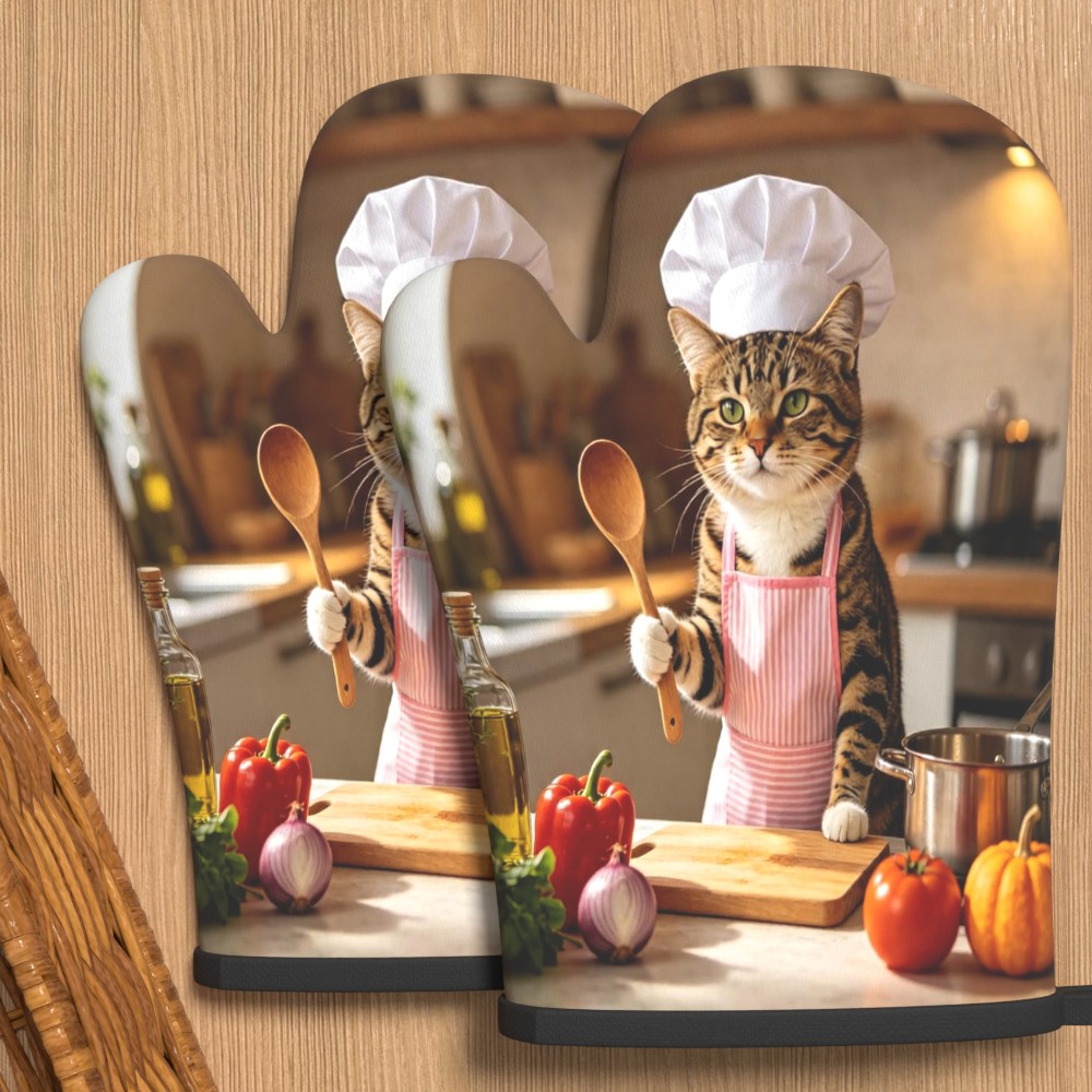 TEMU 2pcs Set Of Kitten Print Oven Mitts, Suitable For Kitchen Use, Heat-resistant And Non-slip Oven Gloves With Cute Kitten Patterns, Machine