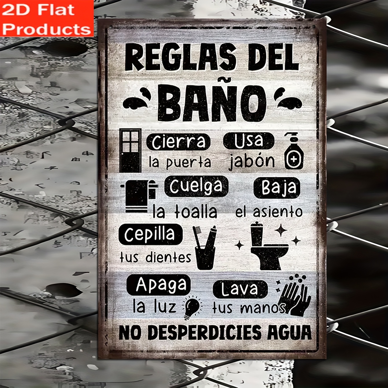 TEMU Letrero de madera vintage 2D con reglas de baño en español, diseñado para colgar fácilmente como una decoración de pared clásica de granja en un