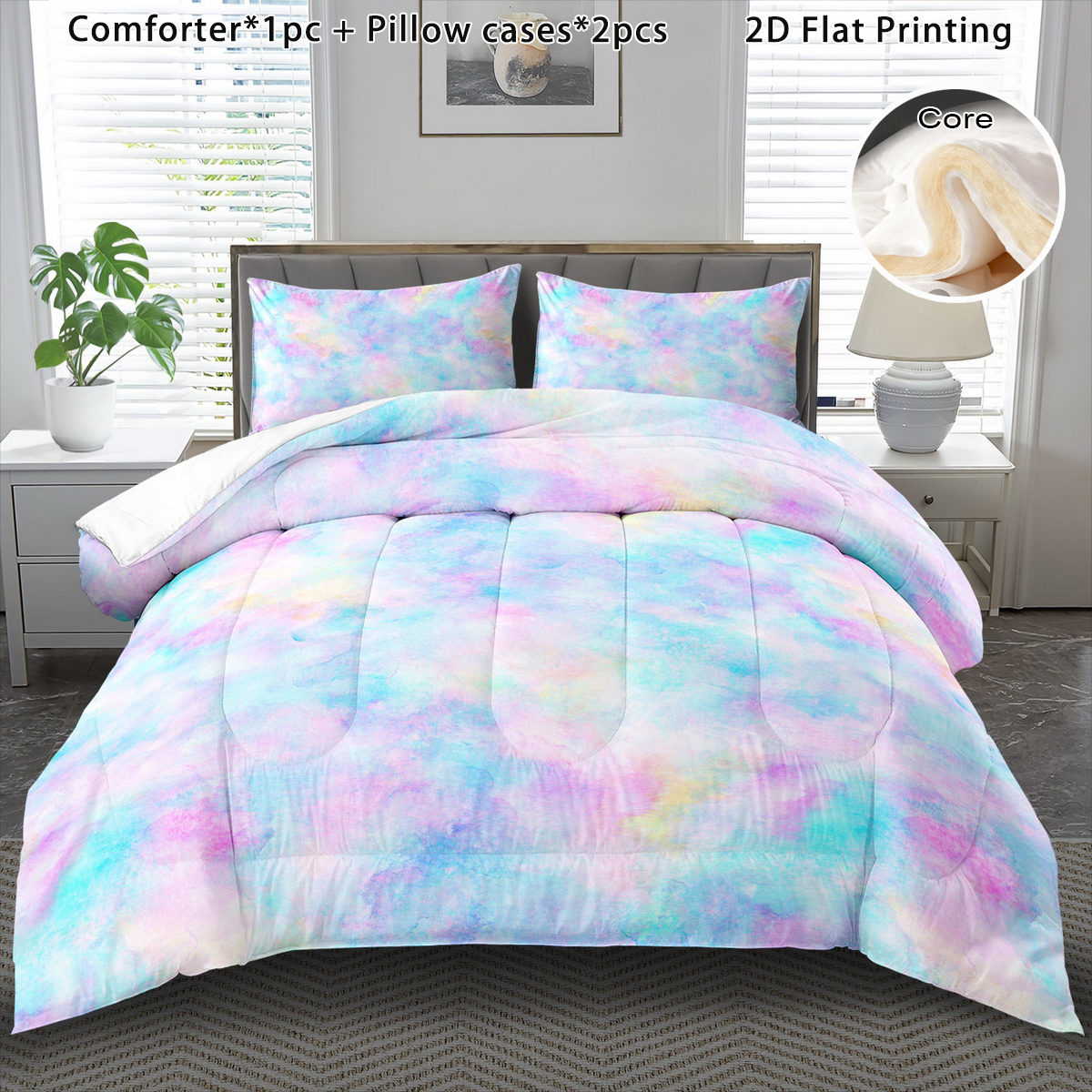 TEMU 3pcs Winter Comforter Set Featuring A Colorful Watercolor Design, A Cozy Boho Style. Bedding Makes A Halloween Gift, A Charming Addition To