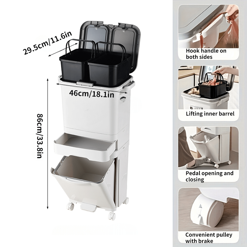 49l Large Dual-compartment Kitchen Trash Can With Wheels - Sleek White, Narrow Design For Easy Waste Sorting, With Hand-pressed Lids, Ideal For Food & Items, Plastic, Rectangular Shape