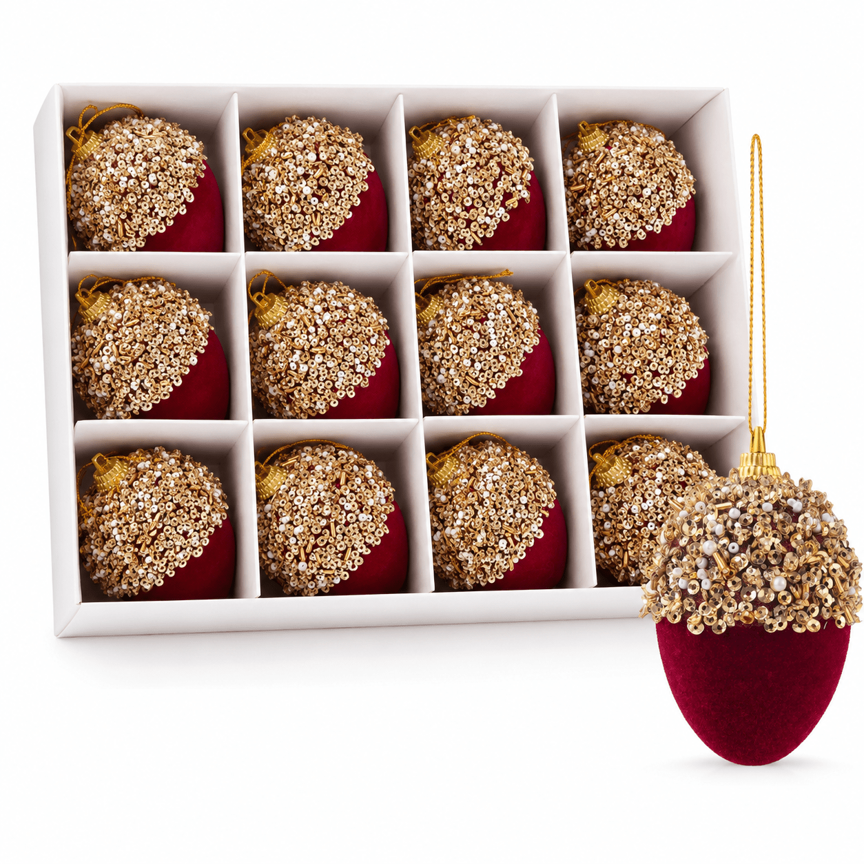TEMU 12pcs Christmas Decorative Balls, Burgundy Red Flocked Velvet Ball Ornaments With Golden Sequins & Beads, Luxury Christmas Tree Hanging