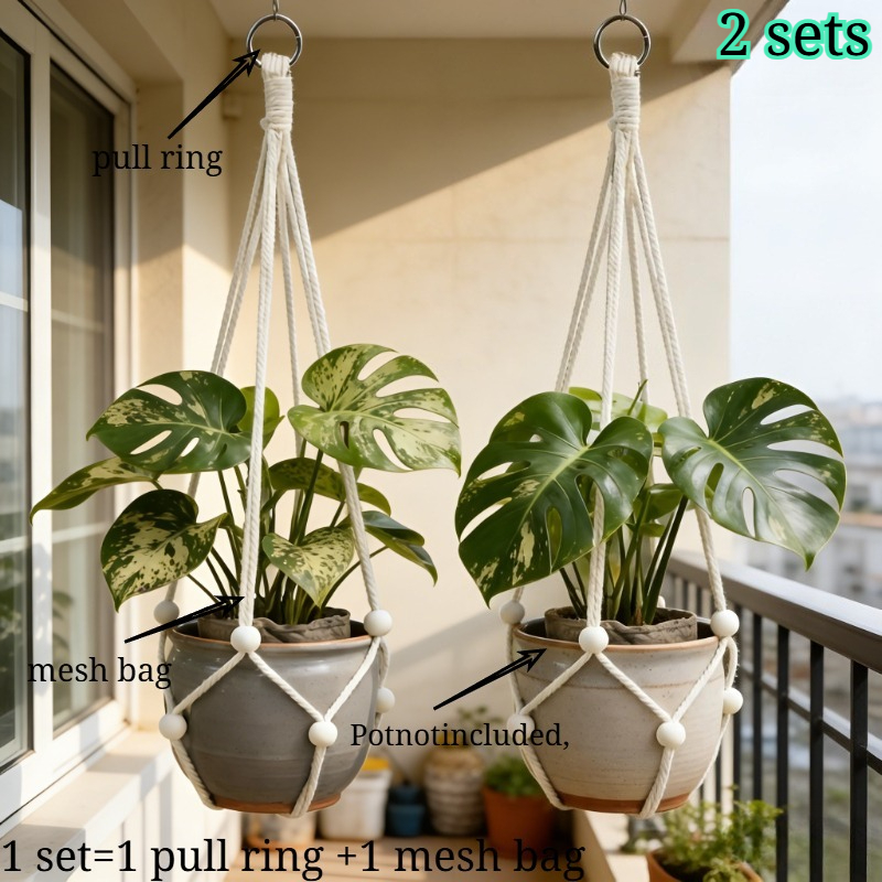2 Sets Of Hanging Plant Nets That Your Plants To Into Mid-air. The Adjustable Ropes Fit Pot Sizes, Ensuring And Durability For Effortlessly A Wall-mounted Greenery Display!