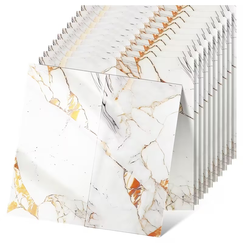 Image of 40pcs Of Self-adhesive Marble Wallpaper That Easily And , Perfect For Bathroom Renovations. This Glossy Film Features Ixpe Backing And A Pet Layer, In White, Golden, Blue-golden