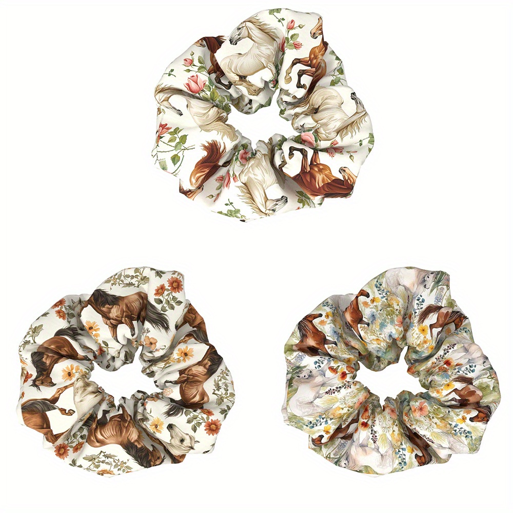 Image of 3pcs Horse Animal Hair Ties For Women - Elastic Hair Accessories With Floral & Zebra Print Designs, Soft Fabric Hair Bands For Styling, Casual & Formal Events, Gift For Horses Lovers