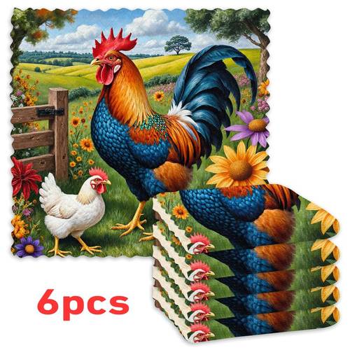 item picture 6pcs 6pcs pack reusable microfiber dish towels suitable for thickened coral suitable for travel soft absorbent cleaning cloths with modern rooster hand washable square cloths decoration