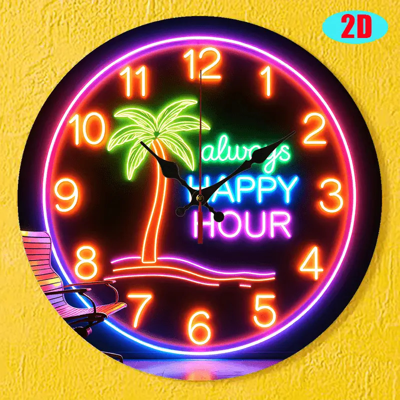 TEMU 1pc 9.84inch Wood 2d Flat Round Neon Wall Clock, Material, Silent Mechanism, Bright Led Numbers, Aa Battery(not Included) With Dry Battery Power Supply, For Bar, Lounge, Or Party Room Decor