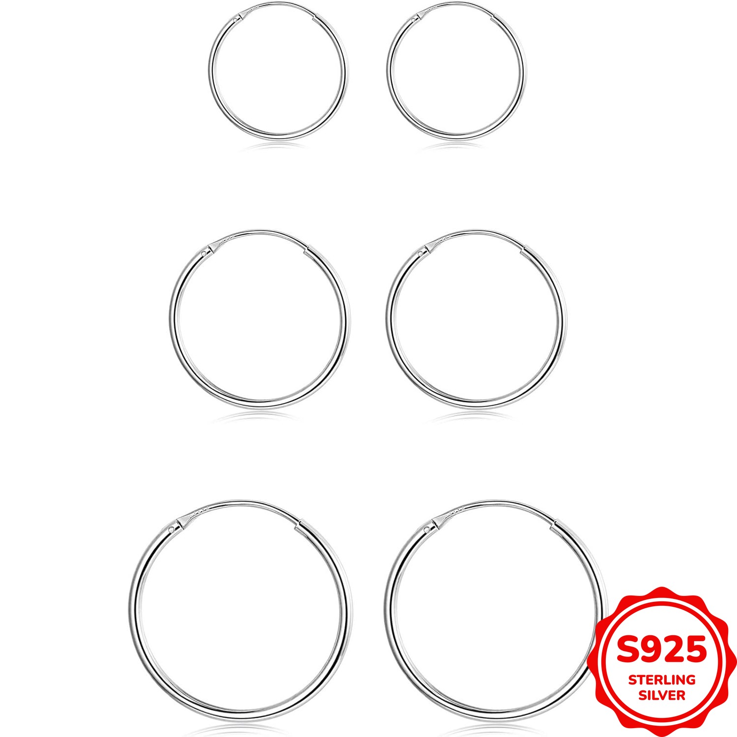 Image of 3 Pairs 925 Sterling Silver Small Hoop Earrings For Women Men Round Endless Hoop Earrings Set Lightweight 2.8g/0.01oz