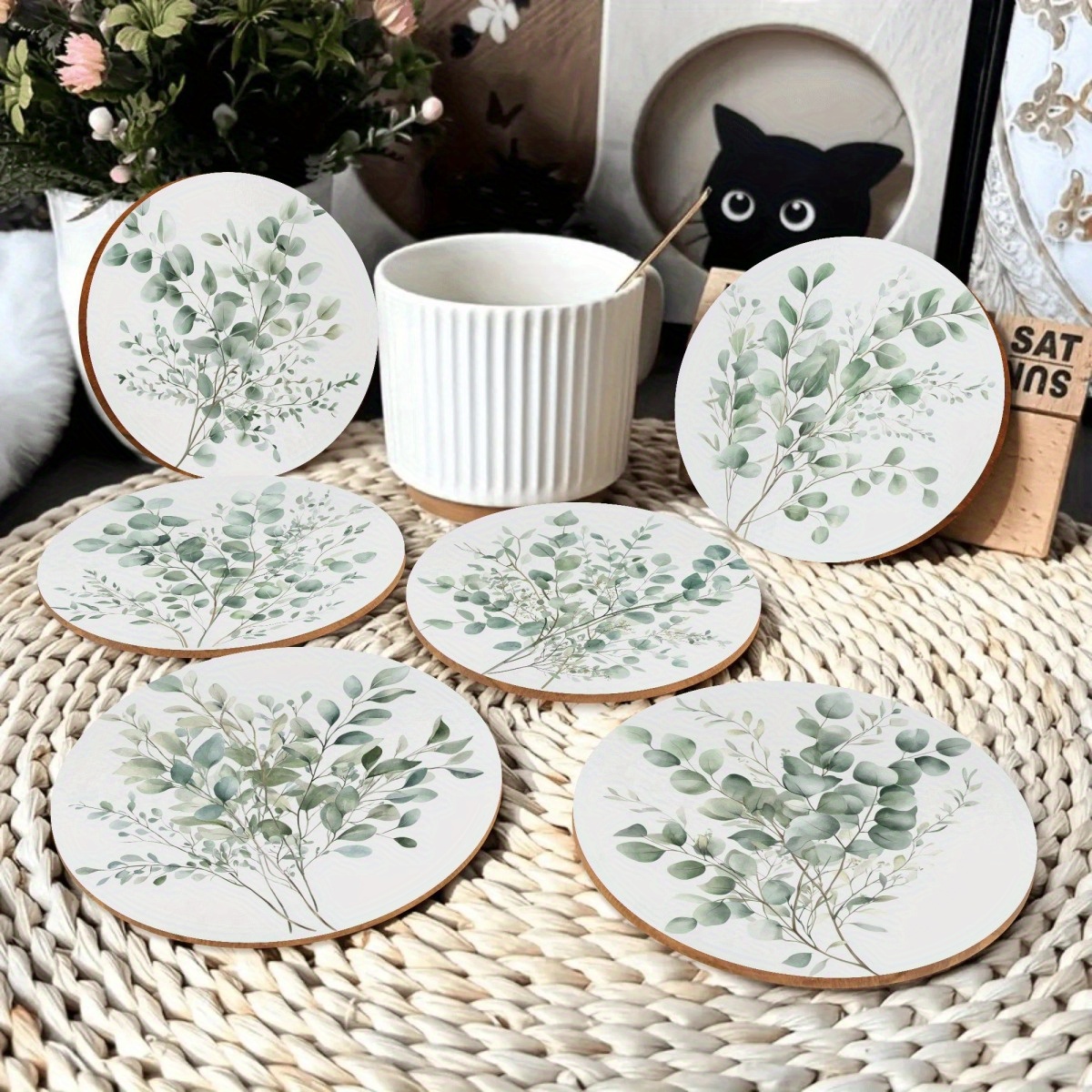 TEMU 6pcs Boho Wooden Coasters - Boho Chic Wood Coaster Pads Suitable For , Durable Composite Table Protectors For Home Office Decor,