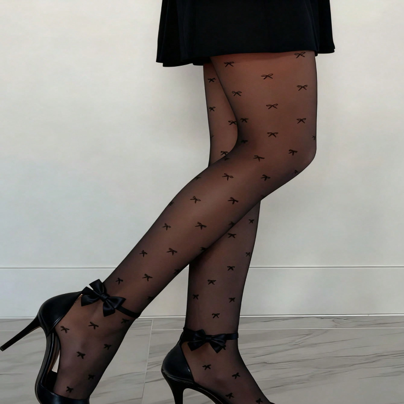 Image of 1 Pair Of Women's Over Knee Socks, Black Sheer Stockings With , Sheer Stockings, Shaping Stockings, Valentine's Day Style