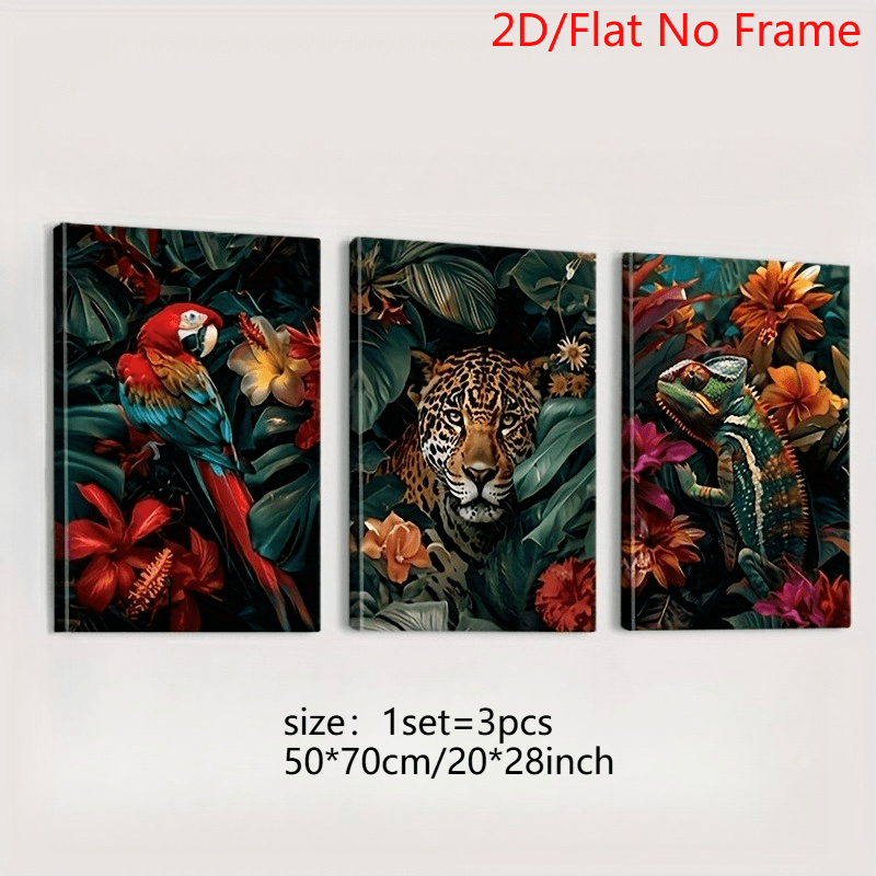 TEMU 2d Flat, 2d/flat Frameless, 3pcs Set Canvas Art Combo, Leopard, Chameleon, And Flowers, Suitable For Living Room, Office, Bar, Cafe Decoration,