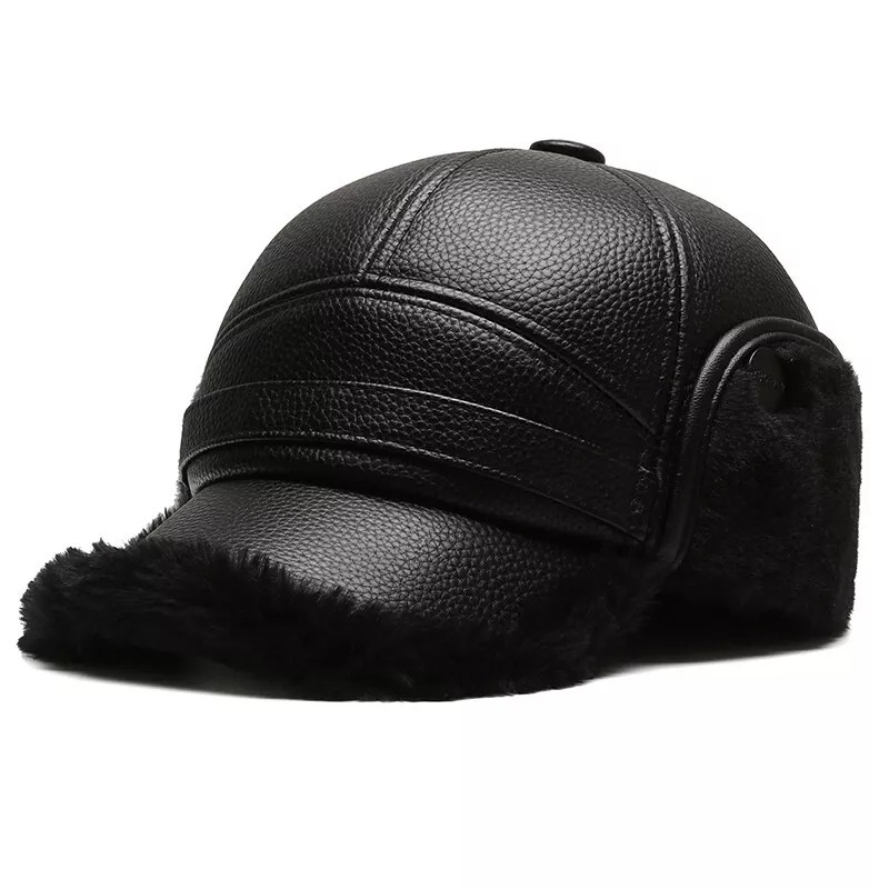 TEMU 1pc Men's Warm Pu Leather Baseball With Ear Flaps - Thick Winter Hat For Cold Weather, (56-59cm), Black/brown/beige Options, Winter Headwear | Ear Flaps Hat | Pu Leather