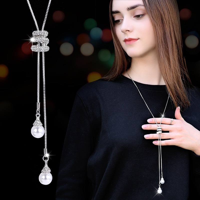 

Elegant Long Sweater Chain Necklace With Pearl Pendant - Versatile & Chic, Casual Attire Or Gifting, , Japan And South Korea Style