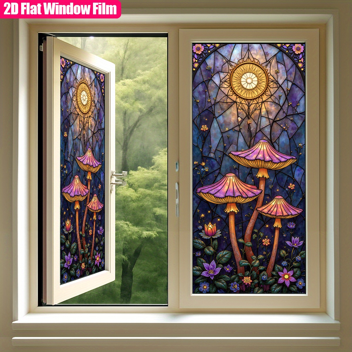 TEMU 1pc, Frosted Static Cling Pvc Window Film Stained - Artwork With In Part, 3 Large Mushrooms With Purple - Stained Glass Window Film Non-adhesive