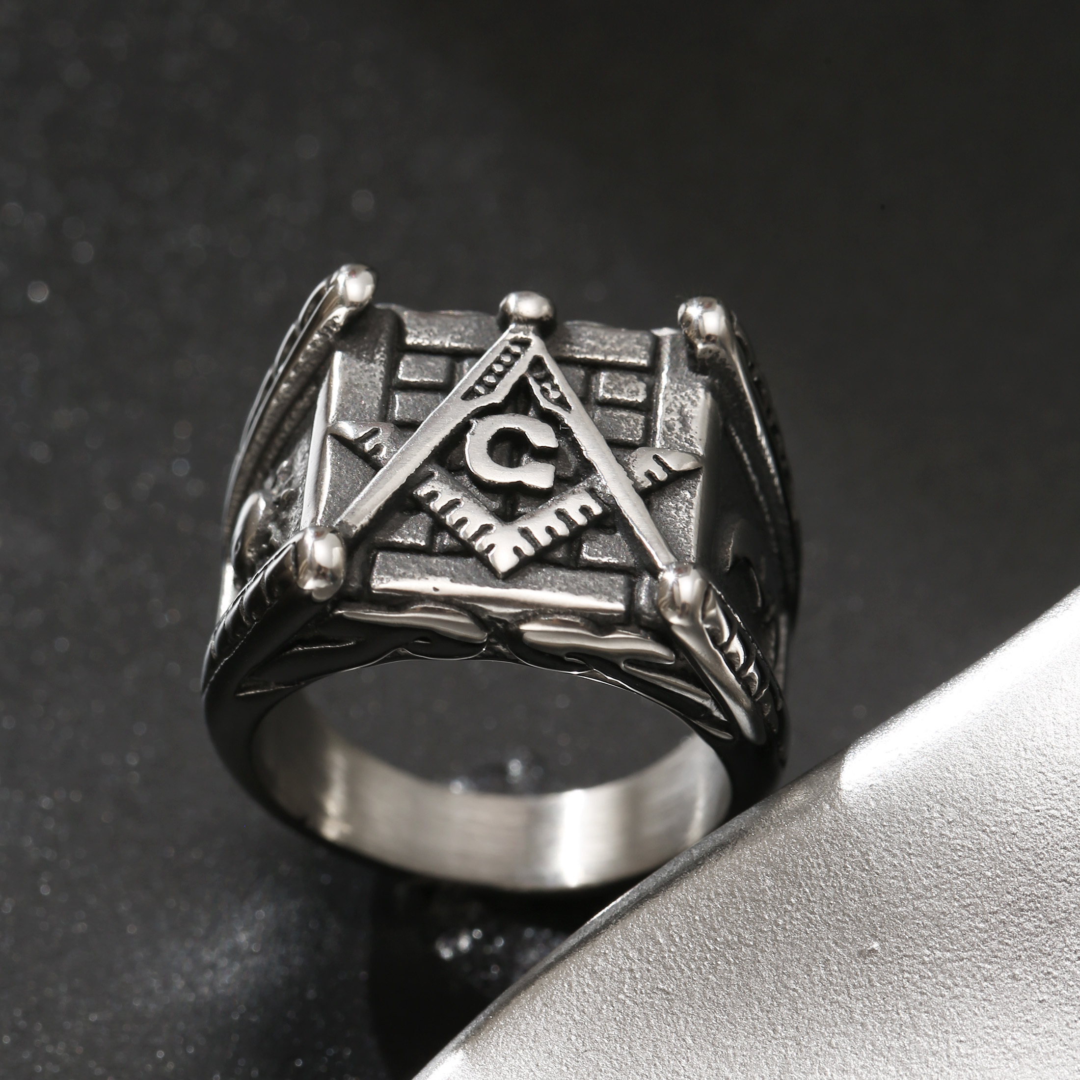 Vintage 304l 304l Stainless And Symbol Band Ring For Men, Trendy Fashion Style Embossed , Accessory, Without Battery