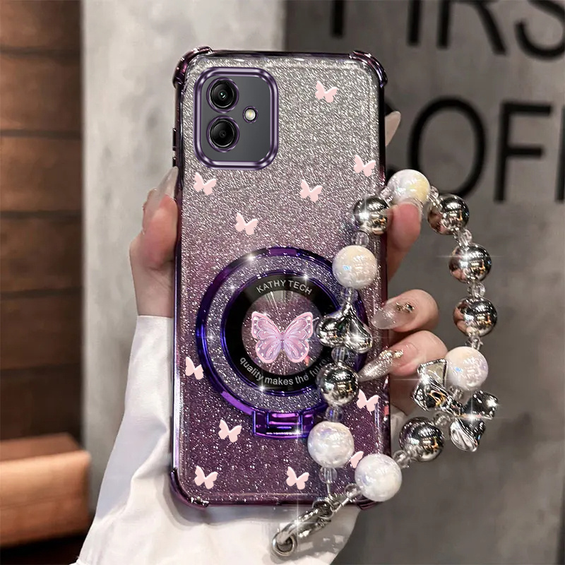 TEMU Phone Case - Magnetic Glitter Phone Case With Pearl Wrist Strap Designed For Galaxy A05, Featuring Anti-knock And Shockproof Along With A Stand