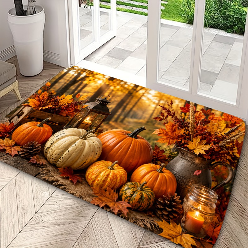 TEMU 1pc Autumn Maple Leaf & Pumpkin Suitable For Doorways, Suitable For Indoor/outdoor Entrance Mat, Soft Flannel With , Machine Washable Suitable