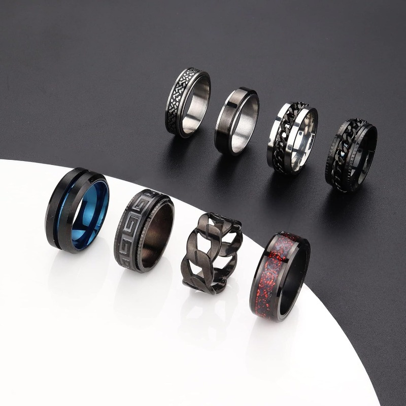 8pcs black fidget rings for anxiety relief spinning bands with unique patterns stainless  l cool chain design for casual to formal occasions casual wear bands stylish spinning bands durable stainless   Product details 4
