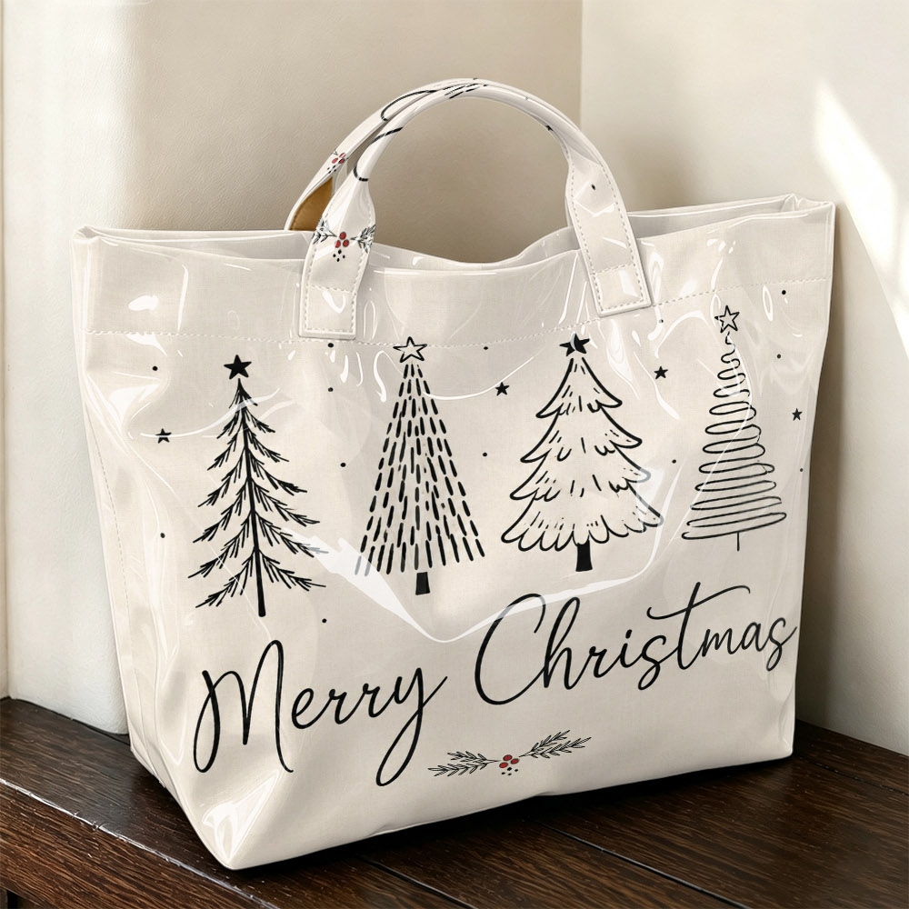 TEMU 1pc Women's Tote Bag Top Handle Bag, Minimalist Line Art Christmas Tree Merry Christmas Print Handbag, Neutral Daily Handbag