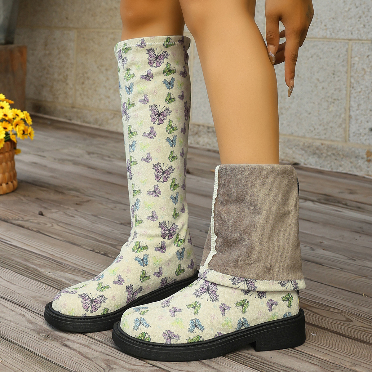TEMU Women's Printed Fashion Plush Winter Boots, Thickened Plush Inner Women's Boots, Outdoor Sports Fuzzy Boots, Comfortable Insole, Winter Warm