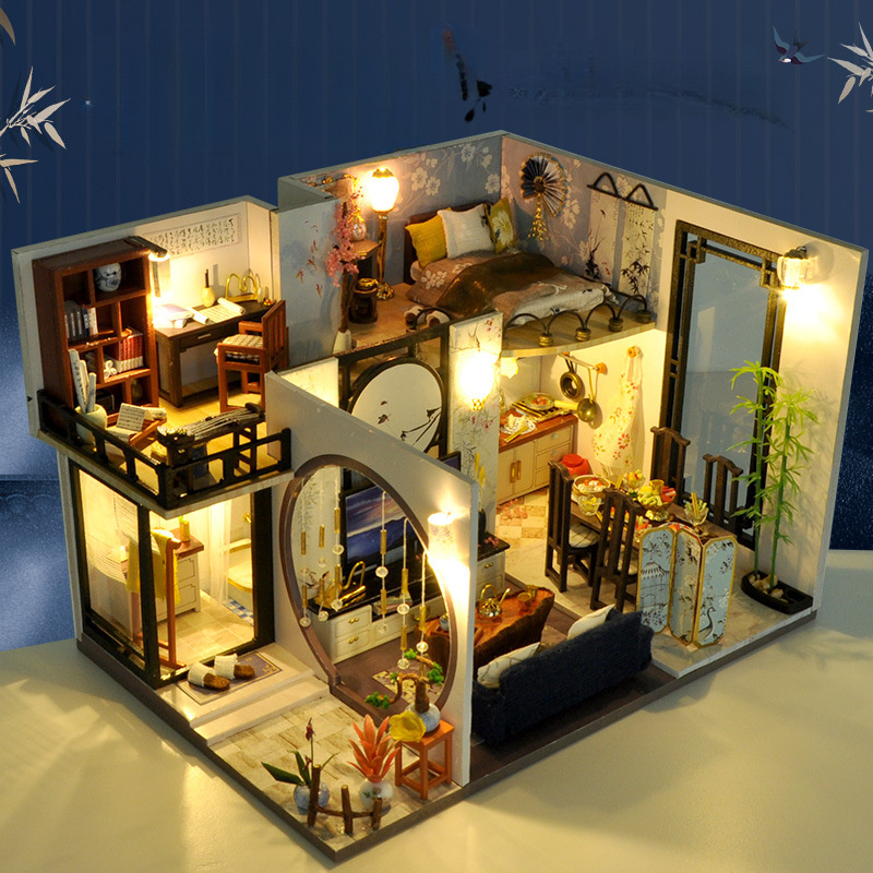 

1pc Kit de maison en miniature DIY, ensemble de modèle en bois 3D de style chinois, décoration intérieure complexe, idéal pour cadeau d'anniversaire, de Noël, d'Halloween