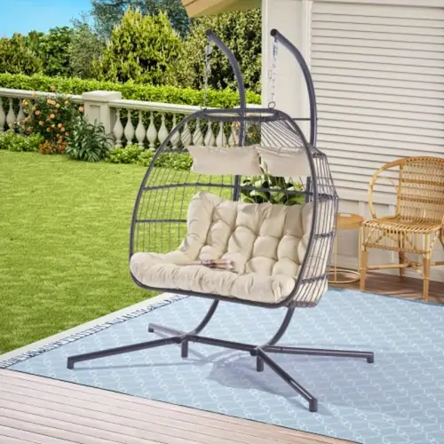 2 person outdoor rattan hanging egg chair with recycled wood frame ergonomic patio furniture plush cushions sturdy metal hooks for garden balcony poolside relaxation woven texture design fabric