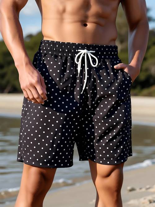 mens beach shorts black and white polka dot pattern drawstring waistband mens swim trunks mens swimwear mens fashion mens beachwear beach shorts shorts summer beach vacation lightweight and comfortable suitable for summer