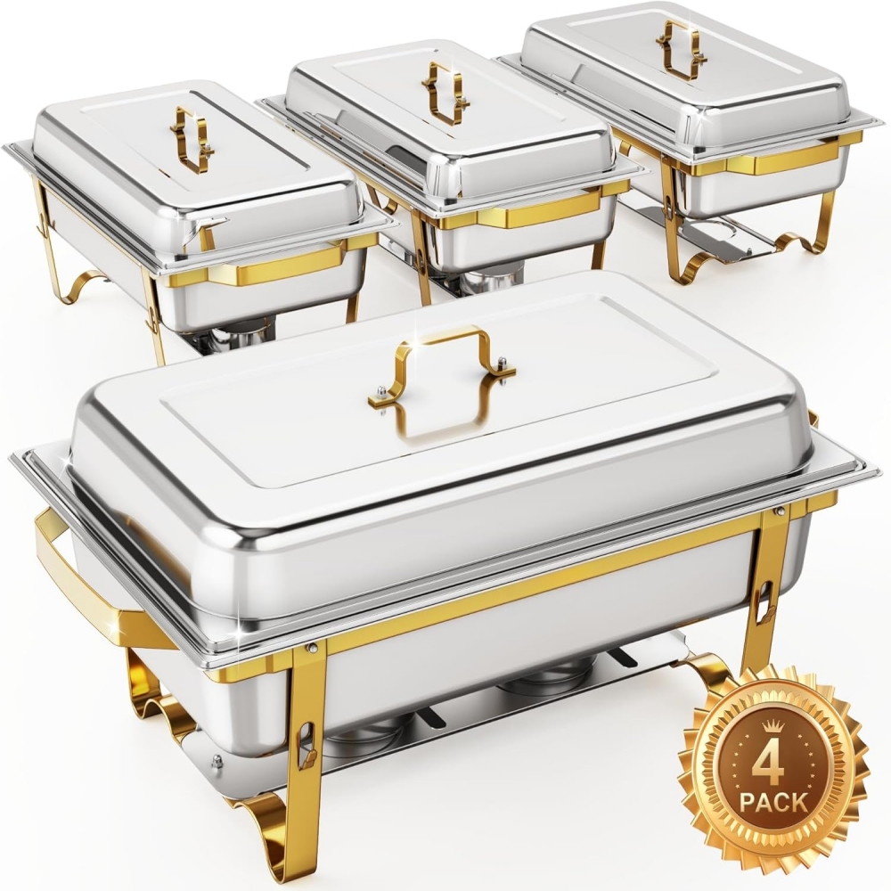 Image of Chafing Dishes For Buffet 4 Pack, 8qt Stainless Steel Chafing Dish Buffet Set, Elegant Golden And Silver Colors Warmers Sets, Sturdy Food Warmers - Cooking, Cooking