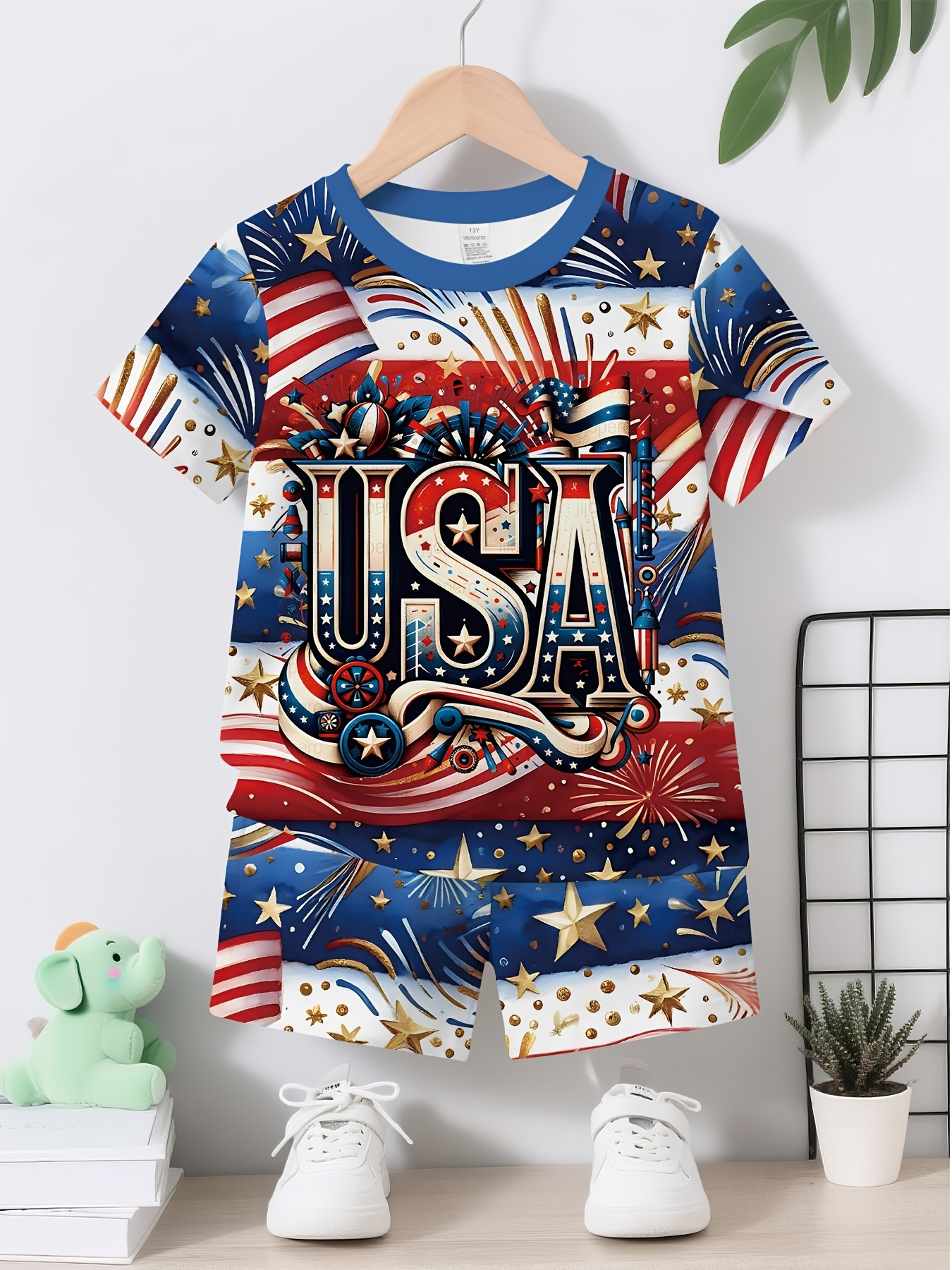   2pcs set new summer boys clothing retro fireworks   short sleeve suit summer childrens trendy   home two piece set outdoor leisure for outdoor