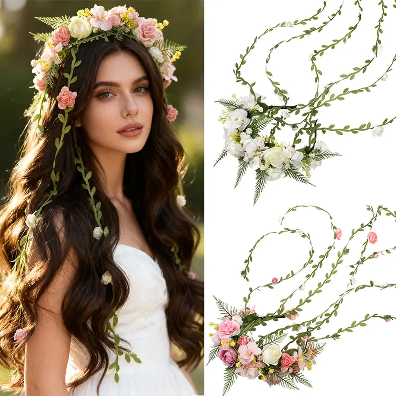 Braut Romantische Lange Blatt Quaste Blumenkranz Stirnband Hochzeit Haarschmuck Blumenkranz Kopfband Haarreif Frisuren Blumen Hochzeit Braut Haarreif Frauen Blatt Party Dekoration Kopfschmuck