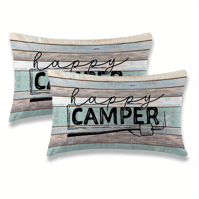 TEMU 2pcs Decorative Pillow Covers 12x20 Inch, Rustic Wood Plank & Camping Theme Design, Invisible Zipper Closure, Machine Washable For Game Room,