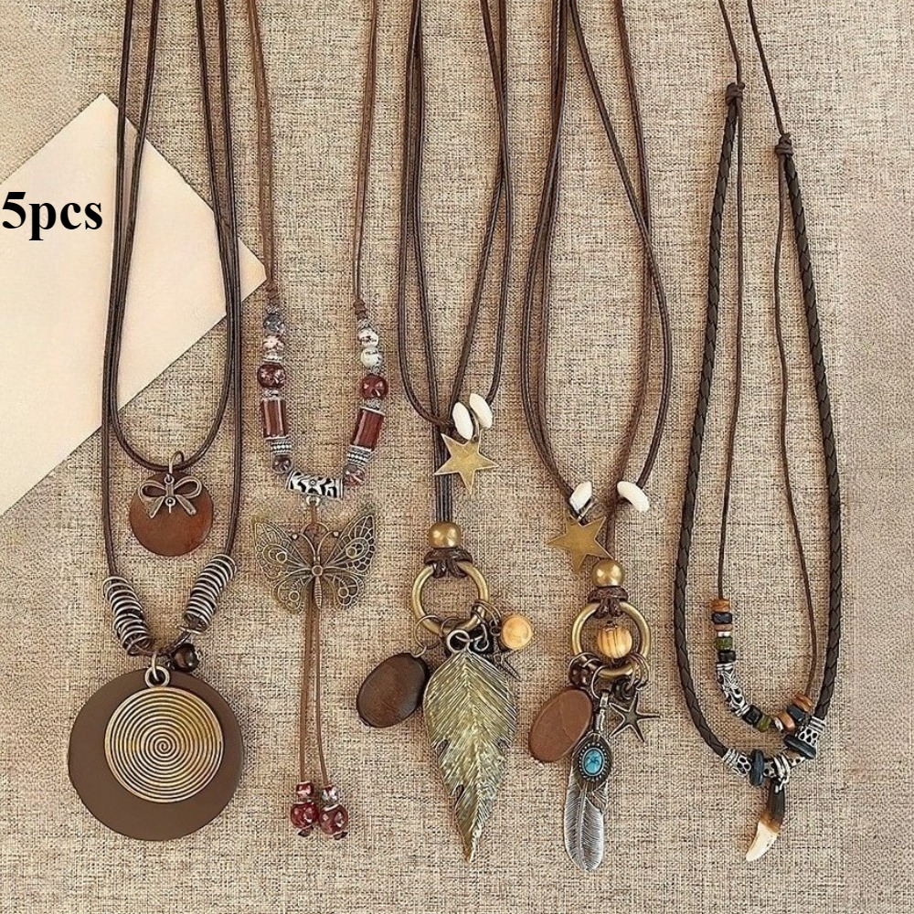 TEMU Conjunto de 5 collares, collares estilo bohemio vintage, cadenas largas de capa tipo suéter, cadena en Y , modernos y elegantes, colgante de ,