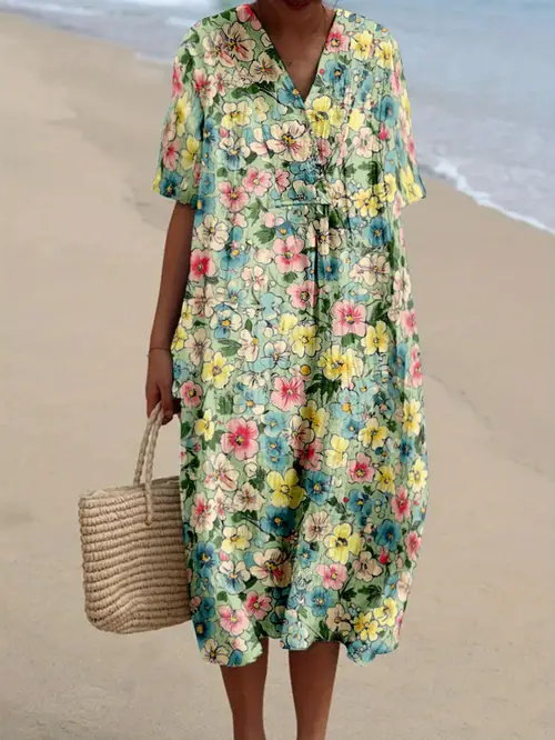 floral v neck printed plus size dresses women sexy casual vintage ladies beach vacation dress short sleeve elegant loose comfortable streetwear spring summer