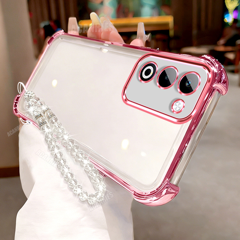 TEMU Phone Case: Acanries Clear Bead Chain Lanyard Wrist Strap With Luxury Plating Transparent Shockproof Protective Tpu Soft Phone Case For Oppo A5