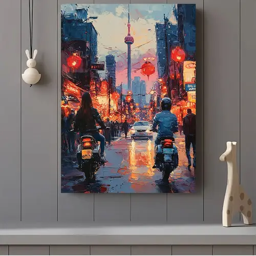 1pc vibrant cityscape motorcycle street art print frameless 12x16 scene with red lanterns reflective sky living room bedroom decor ideal gift for mothers day valentines easter thanksgiving ar