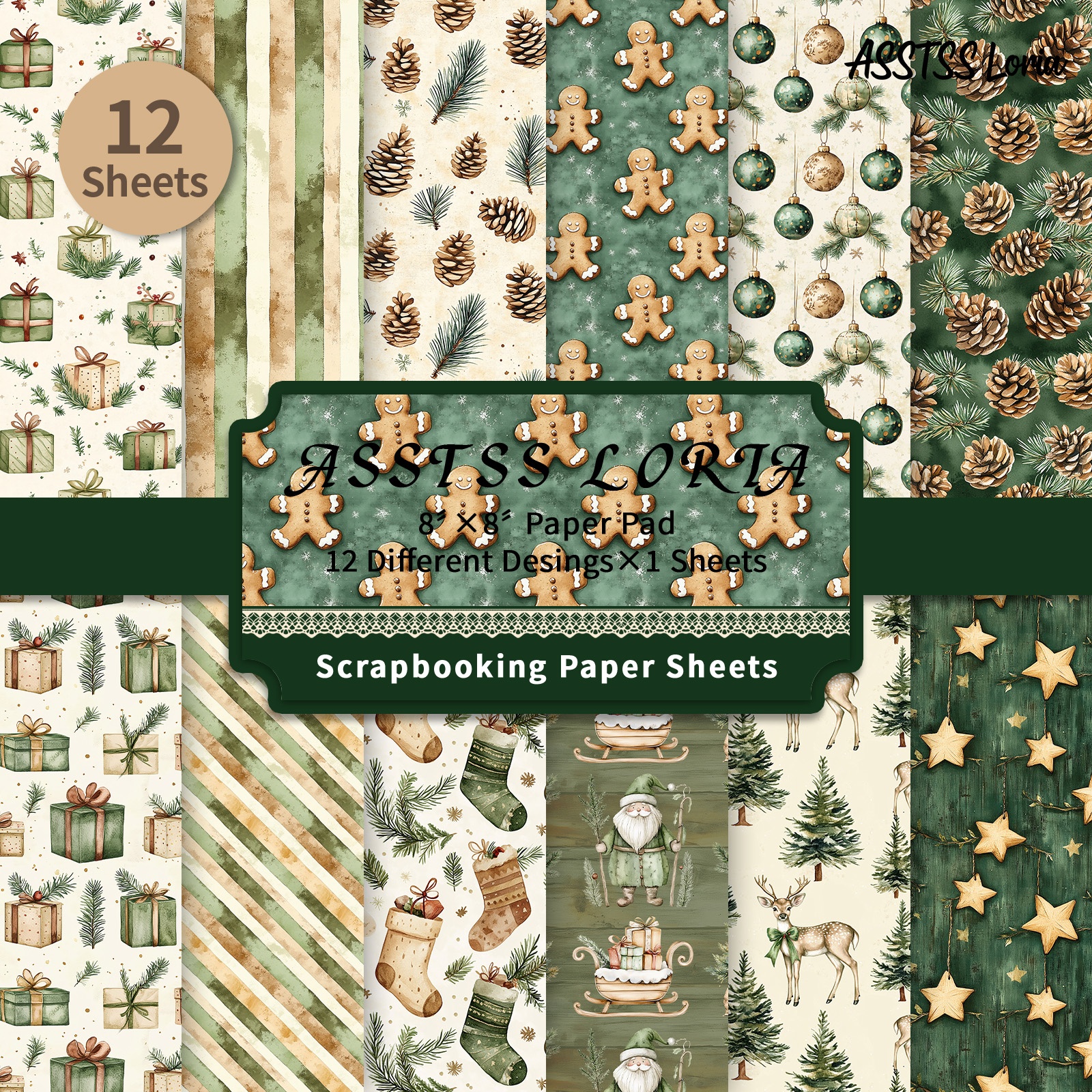 TEMU Bloc de papier de scrapbooking ASSTSS Loria 12 feuilles 8*8 pouces, fournitures de papier de support de Noël style aquarelle, carton épais pour