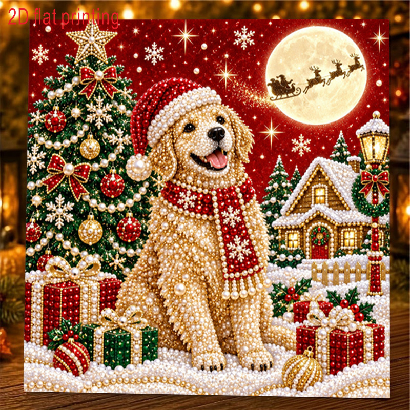 TEMU 1pc, Impression Plate 2D, Kit de Peinture Diamant Art Perle, Ambiance de Noël Texture Nacrée Chiot Doré, de Neige d'Hiver Décoration de Fêtes de
