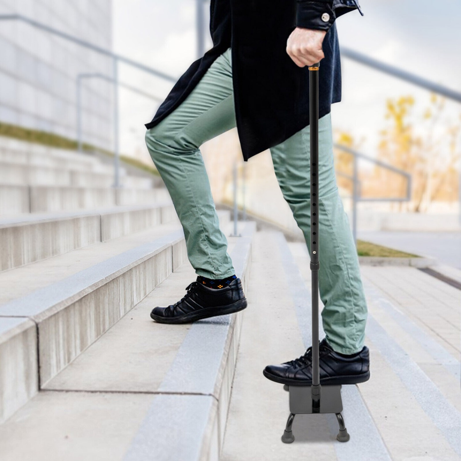Adjustable Cane For Seniors, Stair Cane, Stair Walker, And Assist Devices, Adjustable 4-pronged Base Balance Stability Walking Sticks Echomaller